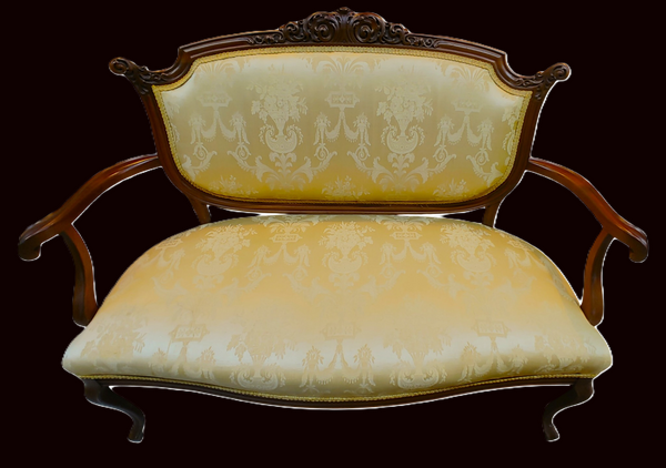 Antique Louis XV Style Carved Walnut Loveseat Settee Yellow Brocade