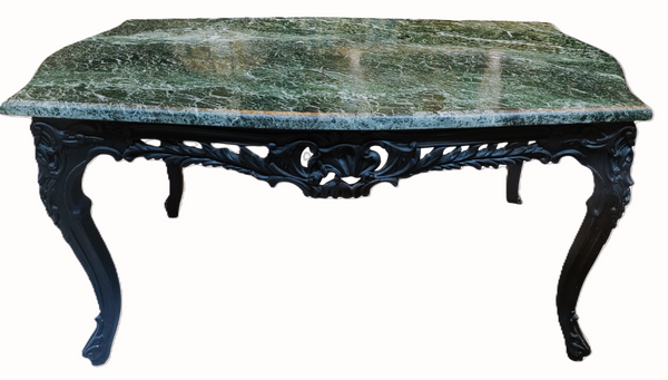 Vintage Carved Wood and Green Marble Coffee Table