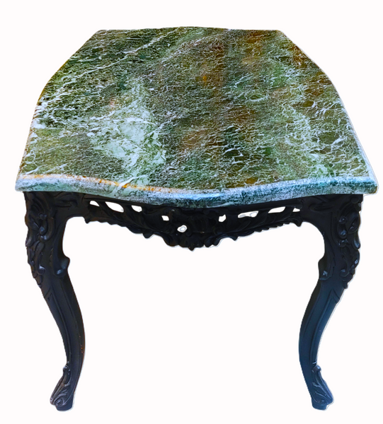 Vintage Carved Wood and Green Marble Coffee Table