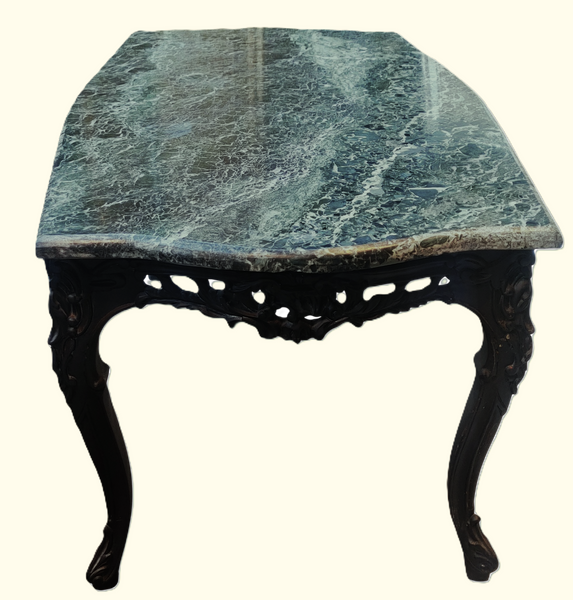Vintage Carved Wood and Green Marble Coffee Table