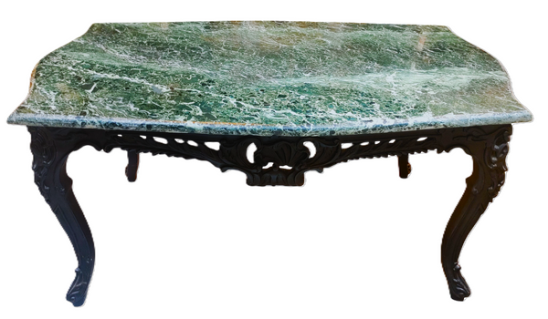 Vintage Carved Wood and Green Marble Coffee Table