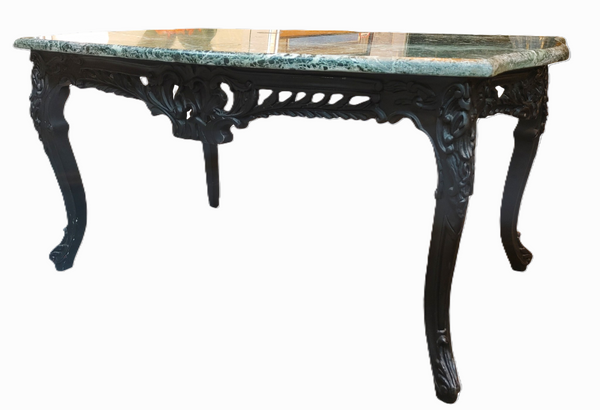 Vintage Carved Wood and Green Marble Coffee Table