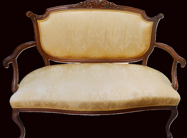 Antique Louis XV Style Carved Walnut Loveseat Settee Yellow Brocade