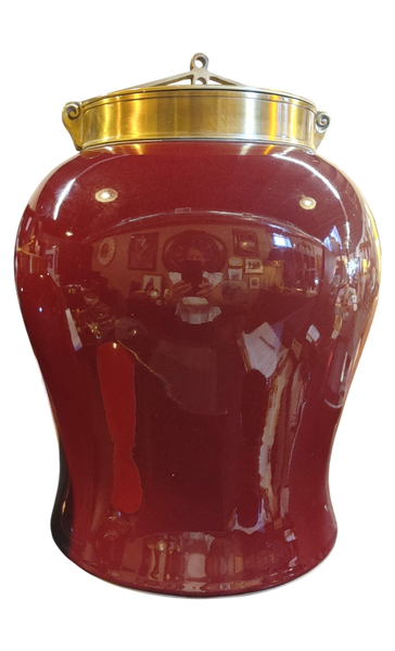 Vintage Bombay Company Red Ceramic Ginger Jar Brass Tone Lid 14"