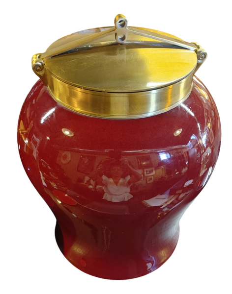 Vintage Bombay Company Red Ceramic Ginger Jar Brass Tone Lid 14"
