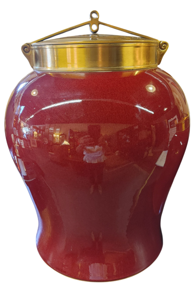 Vintage Bombay Company Red Ceramic Ginger Jar Brass Tone Lid 14"