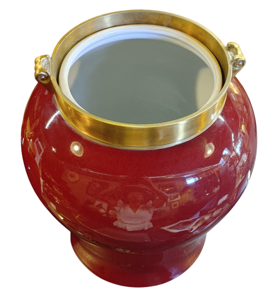 Vintage Bombay Company Red Ceramic Ginger Jar Brass Tone Lid 14"