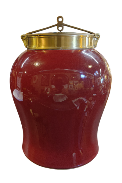 Vintage Bombay Company Red Ceramic Ginger Jar Brass Tone Lid 10"
