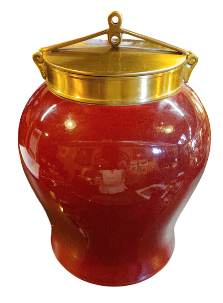Vintage Bombay Company Red Ceramic Ginger Jar Brass Tone Lid 10"