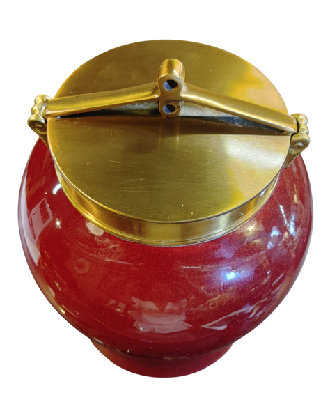 Vintage Bombay Company Red Ceramic Ginger Jar Brass Tone Lid 10"