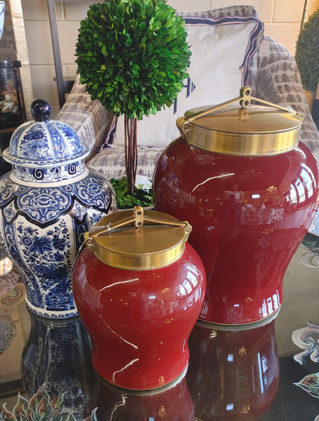 Vintage Bombay Company Red Ceramic Ginger Jar Brass Tone Lid 10"