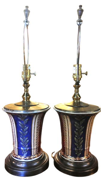 Pair Vintage Porcelain French Empire Urn Style Table Lamps