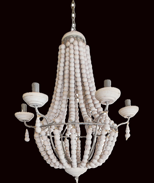 Coastal Farmhouse Boho Whitewashed Beaded Chandelier 6 Light
