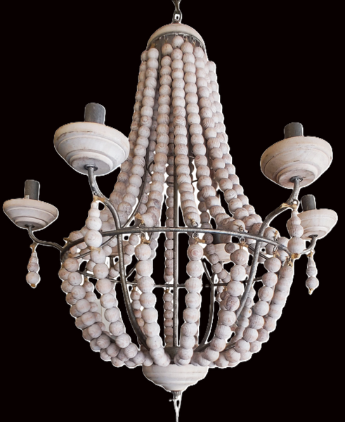 Coastal Farmhouse Boho Whitewashed Beaded Chandelier 6 Light