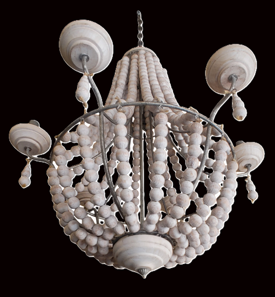 Coastal Farmhouse Boho Whitewashed Beaded Chandelier 6 Light