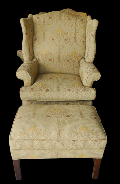Hickory Chair Chippendale Style Wingback Chair and Ottman Tan Beige Floral