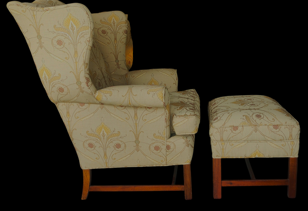 Hickory Chair Chippendale Style Wingback Chair and Ottman Tan Beige Floral
