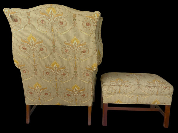 Hickory Chair Chippendale Style Wingback Chair and Ottman Tan Beige Floral