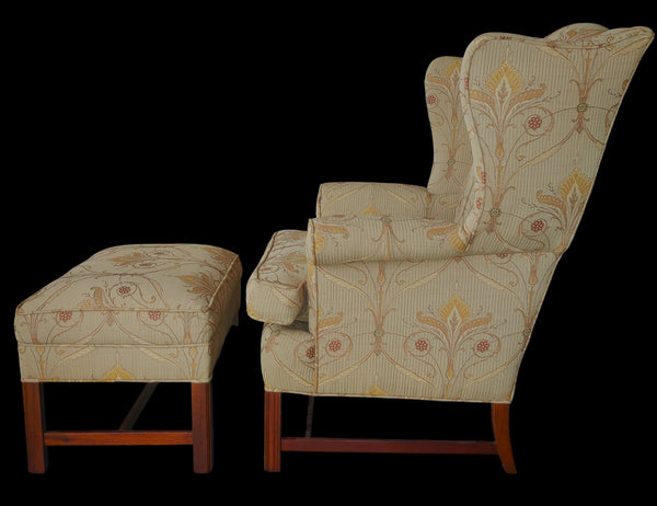Hickory Chair Chippendale Style Wingback Chair and Ottman Tan Beige Floral