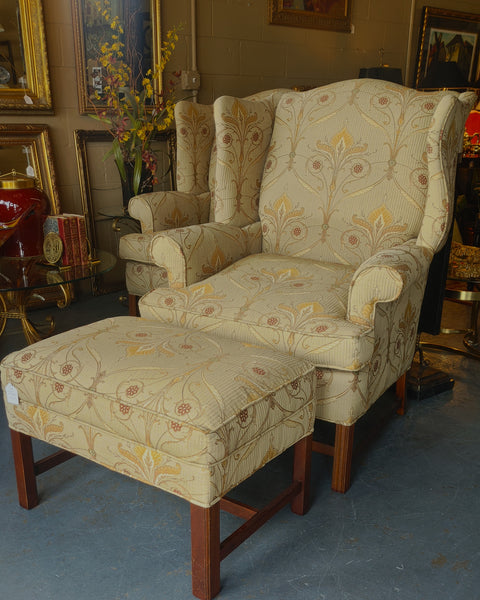 Hickory Chair Chippendale Style Wingback Chair Tan Beige Floral