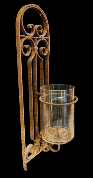 Large Rustic Iron Spanish Revival Hurricane Lamp Candle Wall Sconce