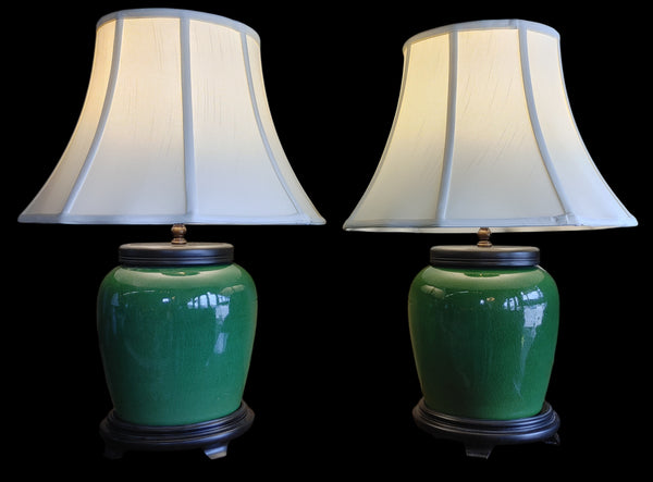 New Handcrafted Green Asian Ginger Jar Crackle Finish Table Lamp | Two Available | Sold Separately