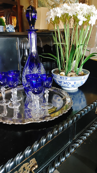Nachtmann Bleinkristall Cobalt Cut to Clear Crystal Decanter Set - 7 pc