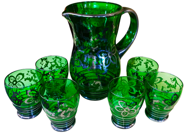 Italian Murano Style Green Glass Sterling Bar Ware Pitcher Glasses Drink Set