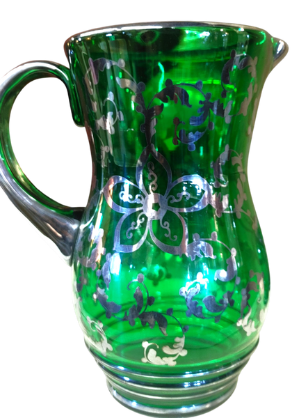 Italian Murano Style Green Glass Sterling Bar Ware Pitcher Glasses Drink Set