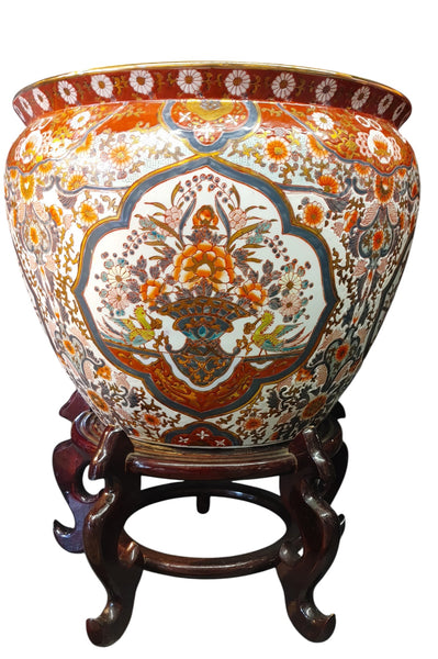 Chinese Porcelain Fishbowl Planter on Stand Medallions Motifs Iron Red