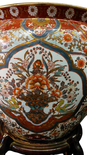 Chinese Porcelain Fishbowl Planter on Stand Medallions Motifs Iron Red