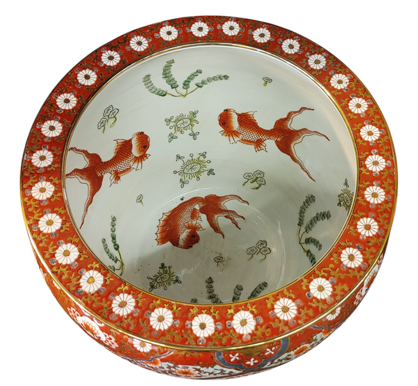Chinese Porcelain Fishbowl Planter on Stand Medallions Motifs Iron Red