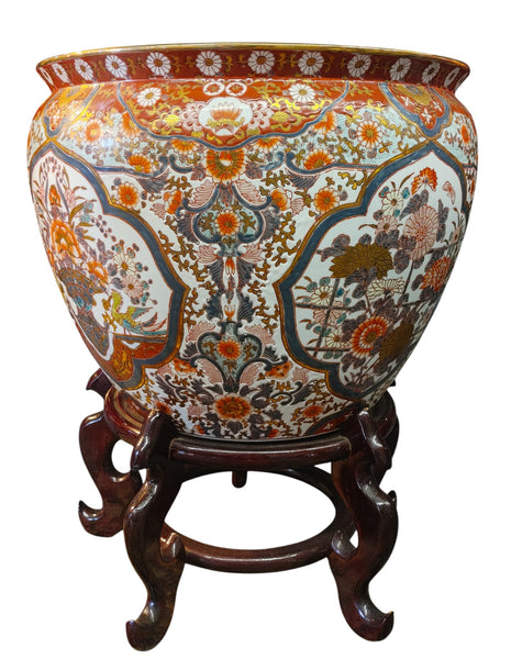 Chinese Porcelain Fishbowl Planter on Stand Medallions Motifs Iron Red