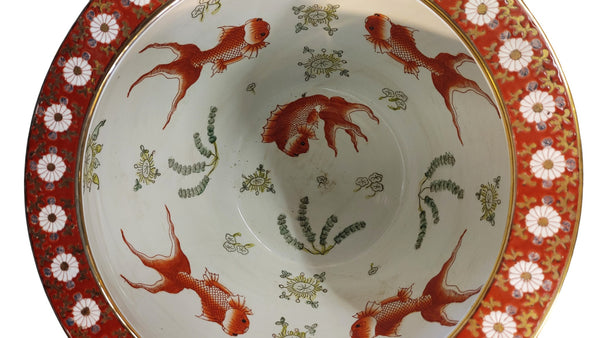 Chinese Porcelain Fishbowl Planter on Stand Medallions Motifs Iron Red