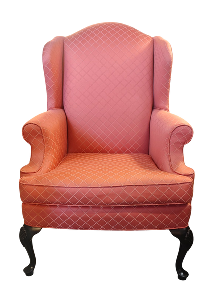 Brocade Queen Anne Wingback Chair Salmon Coral Pink Trellis Upholstery