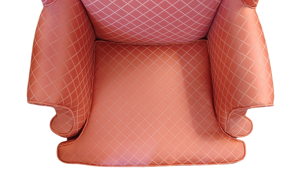 Brocade Queen Anne Wingback Chair Salmon Coral Pink Trellis Upholstery