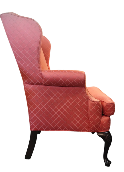 Brocade Queen Anne Wingback Chair Salmon Coral Pink Trellis Upholstery