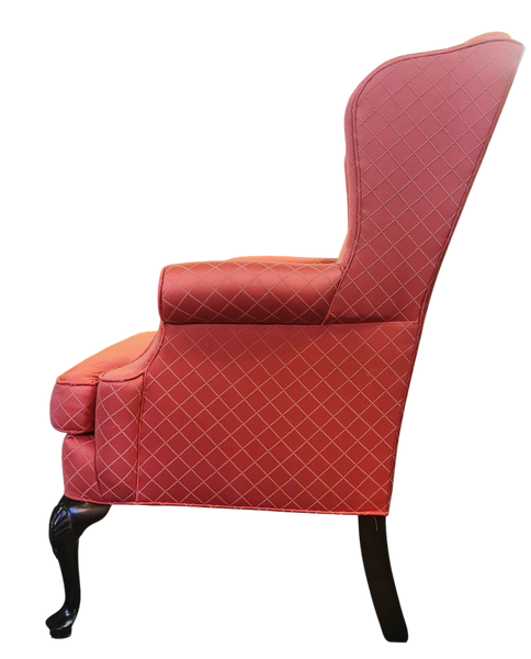 Brocade Queen Anne Wingback Chair Salmon Coral Pink Trellis Upholstery