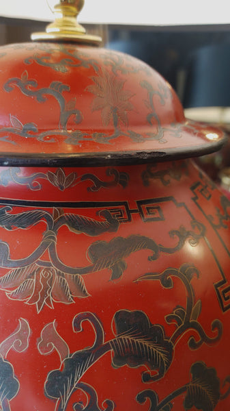 Pair Vintage Chinese Red Lacquer Ginger Jar Table Lamp Custom Made 20th Century