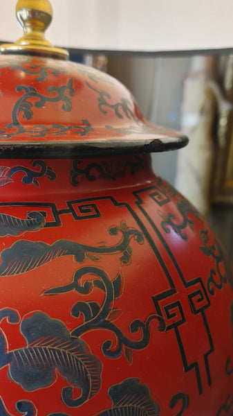 Pair Vintage Chinese Red Lacquer Ginger Jar Table Lamp Custom Made 20th Century