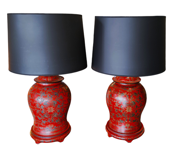Pair Vintage Chinese Red Lacquer Ginger Jar Table Lamp Custom Made 20th Century