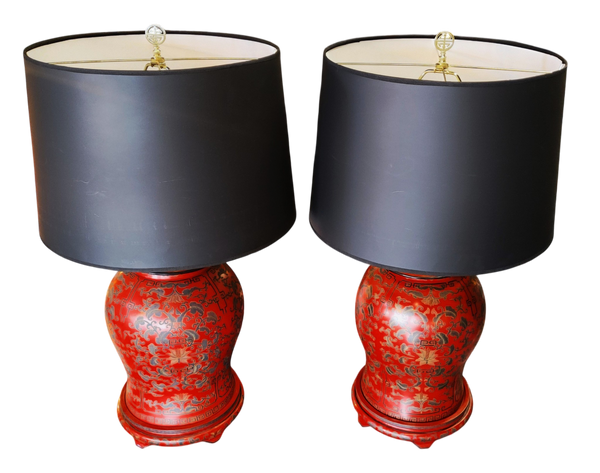 Pair Vintage Chinese Red Lacquer Ginger Jar Table Lamp Custom Made 20th Century