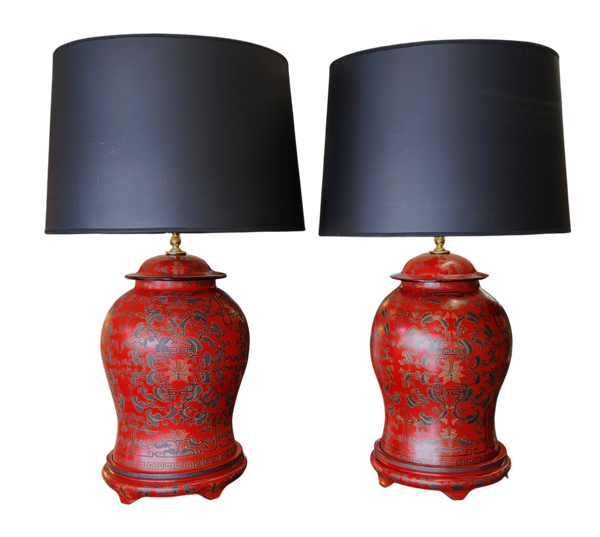 Pair Vintage Chinese Red Lacquer Ginger Jar Table Lamp Custom Made 20th Century