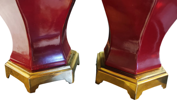 Vintage Ethan Allen Hexagonal Oxblood Red Ginger Jar Lamps - A Pair