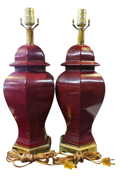 Vintage Ethan Allen Hexagonal Oxblood Red Ginger Jar Lamps - A Pair