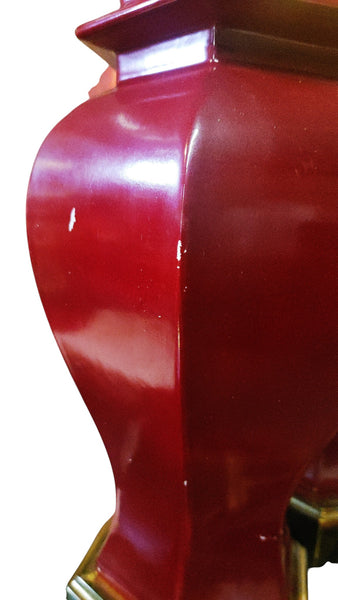 Vintage Ethan Allen Hexagonal Oxblood Red Ginger Jar Lamps - A Pair