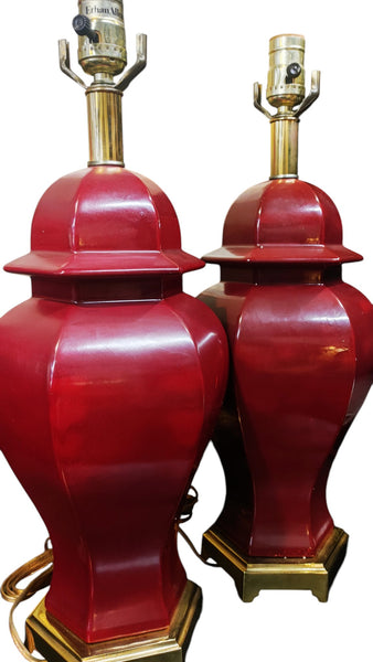 Vintage Ethan Allen Hexagonal Oxblood Red Ginger Jar Lamps - A Pair