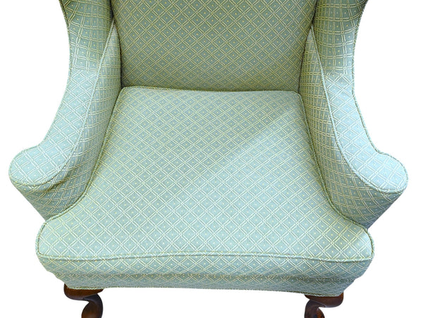Vintage Queen Anne Sea Green Wing Back Chair