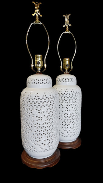 Pair of Vintage Blanc De Chine Reticulated Porcelain Table Lamps with Cherry Blossom Motif
