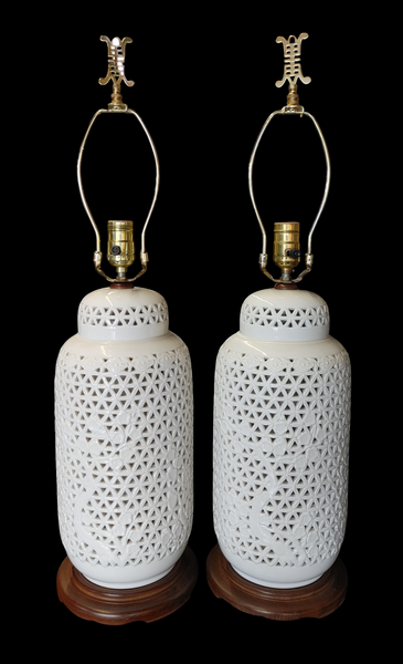 Pair of Vintage Blanc De Chine Reticulated Porcelain Table Lamps with Cherry Blossom Motif